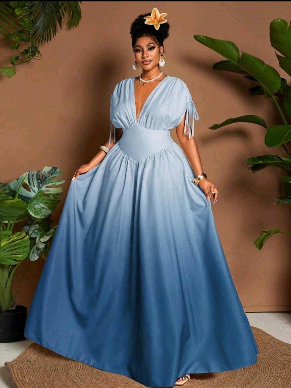 SHEIN Light Blue Ombre Deep V-Neck Maxi Dress